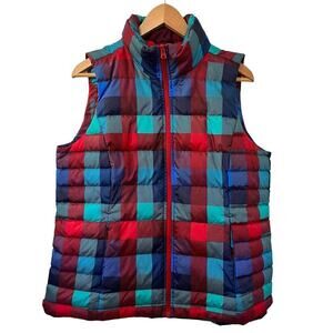 Lands’ End Women's Plaid Down Puffer Vest Size M Red Blue Full Zip Packable‎